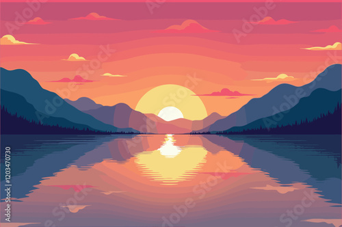 Serene Sunset Over Mountain Lake Reflection