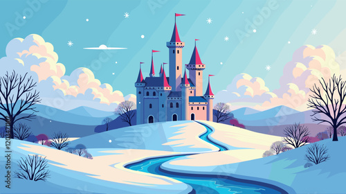 Majestic Castle on a Snowy Hill in Winter