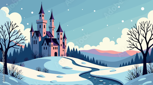 Majestic Castle on a Snowy Hill in Winter
