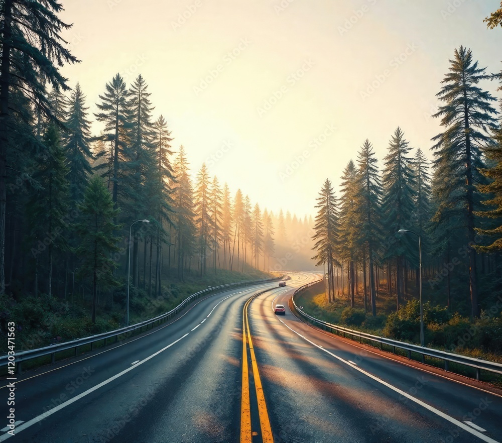 A modern highway winds through a forest of tall trees in the fading light, scenery, nature, winding road A modern highway winds through a forest of tall trees in the fading light, scenery, nature, winding road