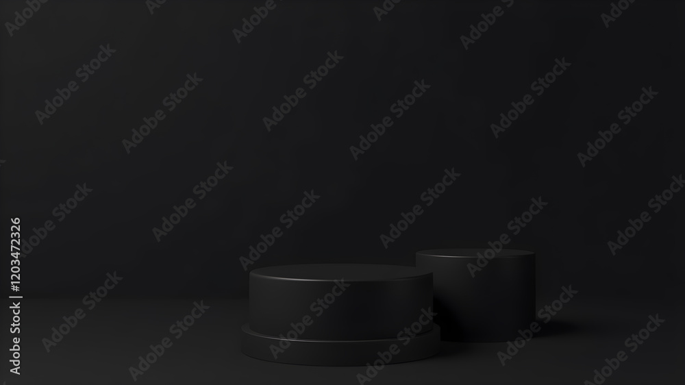 Three black cylindrical podiums on a black background. Generative AI Three black cylindrical podiums on a black background. Generative AI