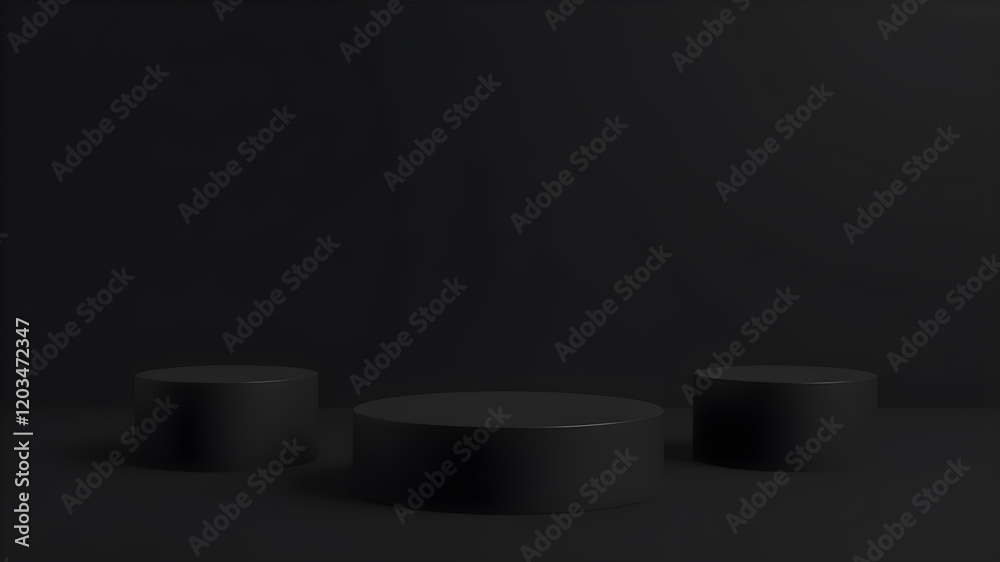 Three black cylindrical podiums on a black background. Generative AI Three black cylindrical podiums on a black background. Generative AI