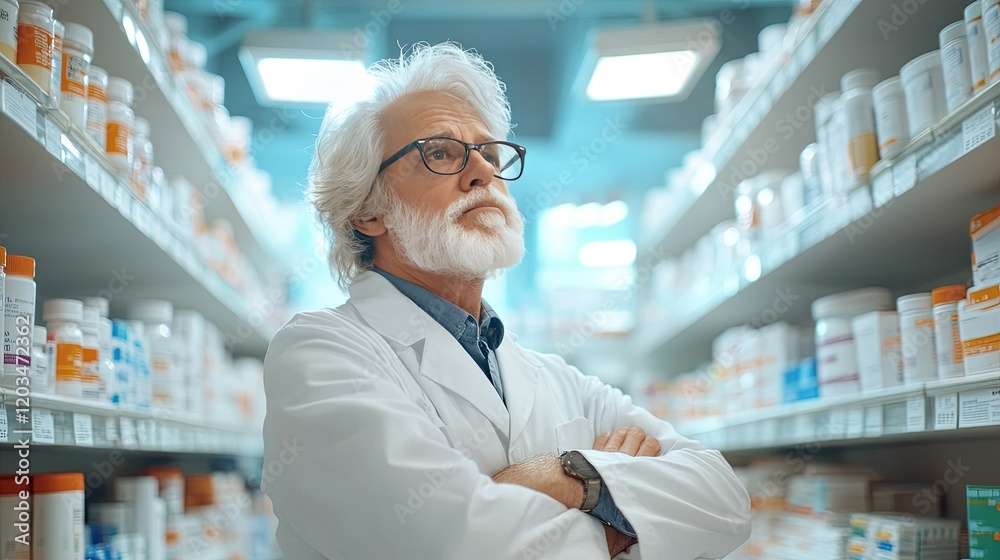Pharmacist ensuring label accuracy on medicine bottle in a bright, modern pharmacy setting, emphasizing attention to detail and professionalism