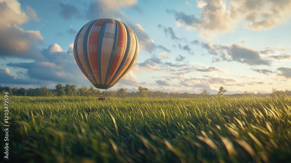 Obraz premium Serene Sunset Hot Air Balloon Ride Over Lush Green Field