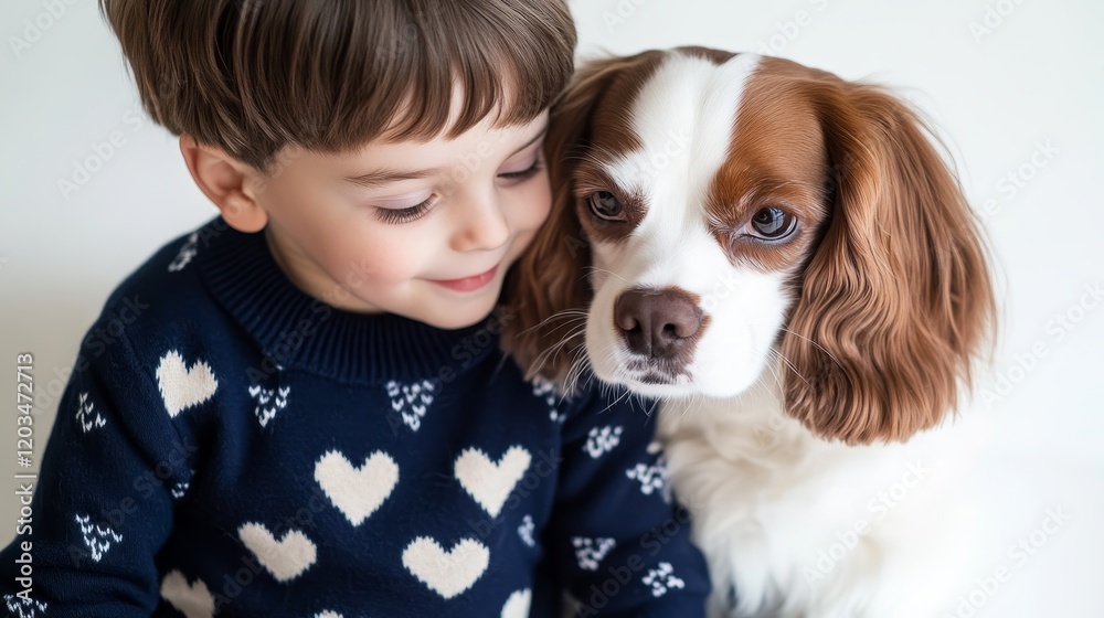 Loving Connection: Cavalier King Charles Spaniel and Boy in Navy Sweaters with Heart Patterns on Soft White Background Loving Connection: Cavalier King Charles Spaniel and Boy in Navy Sweaters with Heart Patterns on Soft White Background