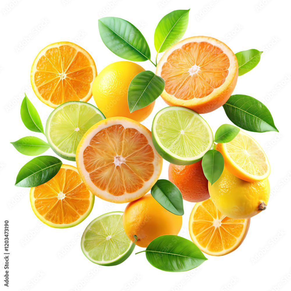 Fototapeta premium Vibrant Citrus Fruits Background Juicy Oranges Lemons Limes Fresh Summer Tropical Delicious Healthy 