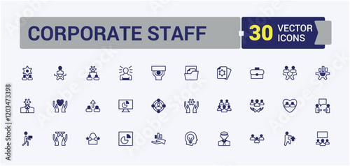 Corporate Staff icons. Contains such icons as success, company, woman, social, resource, office, headhunting and more. Flat UI icon design. Vector line and solid icons.