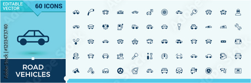 Road Vehicles vector line icon set. Featuring electric, car, engine, s, transport, service, traffic, on. Outline icons pack. Solid line editable stroke. Vector line and solid icons.