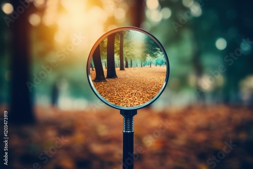 Magnifying glass is focusing on beautiful autumn forest path covered with fallen leaves photo