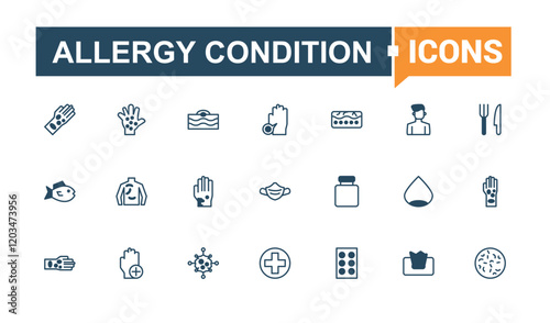 Allergy Condition thin line icon set. Containing dog, illness, pollen, head, care, food and more. Minimal linear icons. Vector outline and solid icons collection.