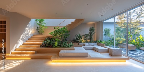 Elegant indoor garden and stairway design modern home interior architecture serene environment natural light contemporary concept photo