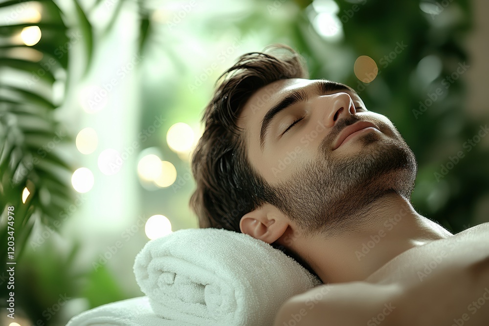 A Relaxed Man Enjoys a Spa Treatment, Spa for Men, selective focus A Relaxed Man Enjoys a Spa Treatment, Spa for Men, selective focus