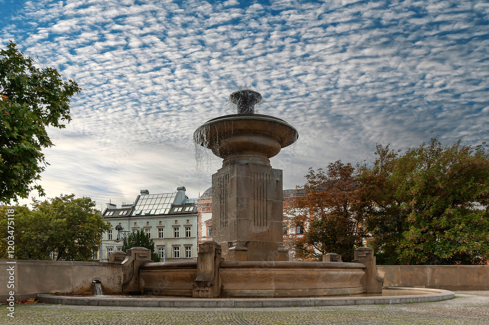 Obraz premium Krakow cityscape with fountain in Poland