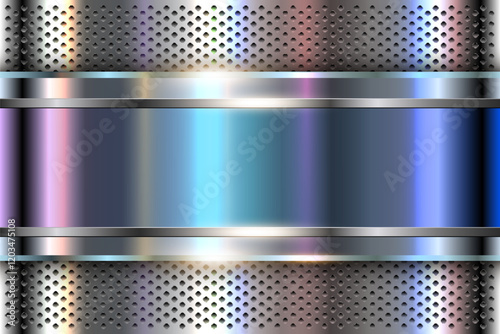 Silver metal background with iridescence holographic colors, shiny chrome metallic texture with metal banner.