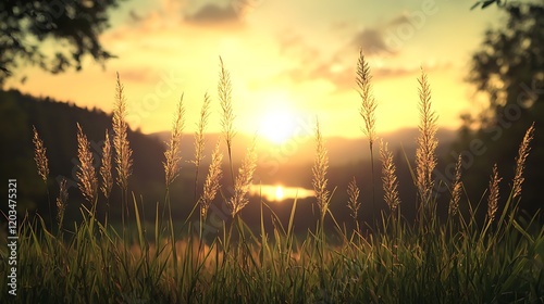 Serene sunset over a tranquil lake, with tall grass swaying gently in the foreground photo