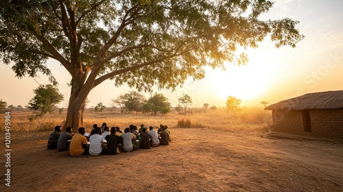 Rural adult literacy class, diverse learners engaged under a tree, traditional notebooks, cultural patterns, fostering community growth