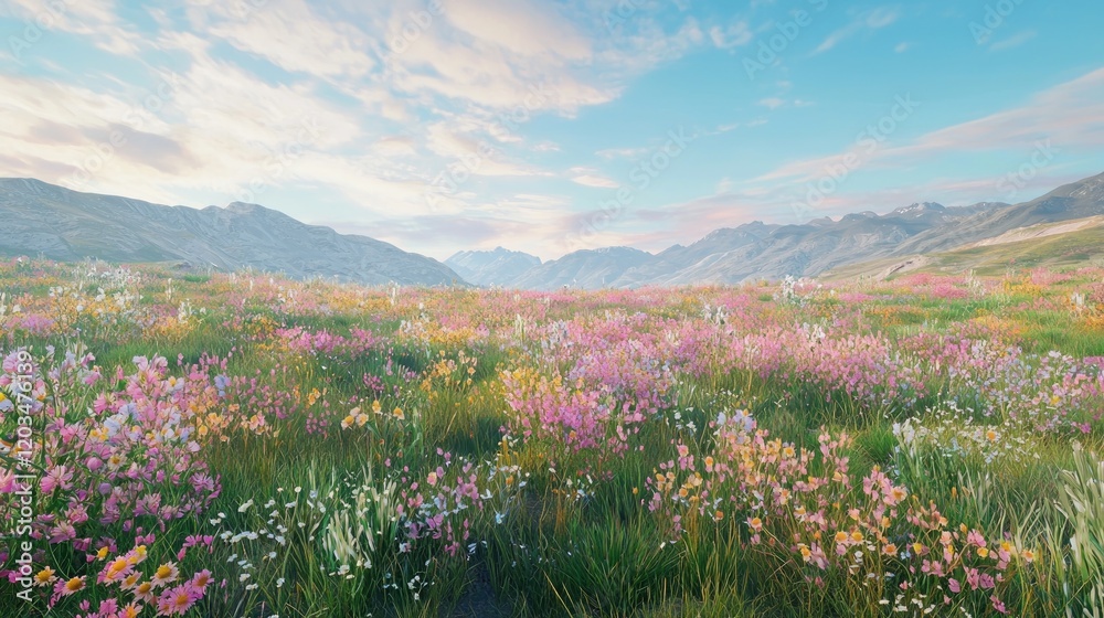 Obraz premium panorama of vibrant wildflowers blooming in a picturesque alpine meadow, with majestic mountains forming a stunning backdrop under a tranquil sky.