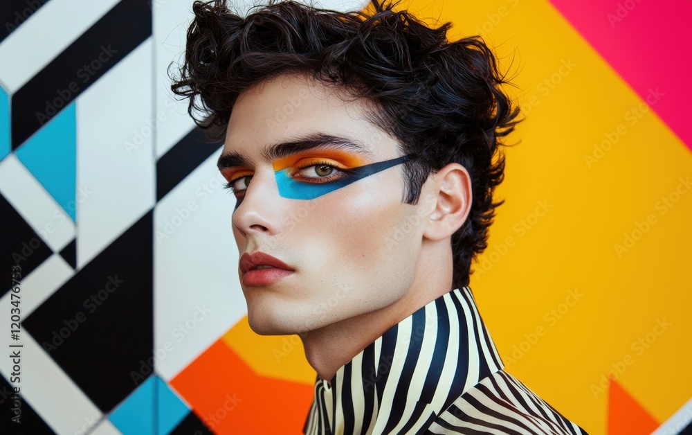 Fototapeta premium A man with chic styling, dark hair, and bold makeup, set in front of an abstract geometric shape-filled background