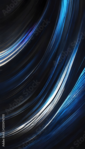 Abstract digital art with flowing blue and black curves, creating a sense of motion and depth. Dark background black blue abstract banner design, glowing light swirl texture poster header backdrop.