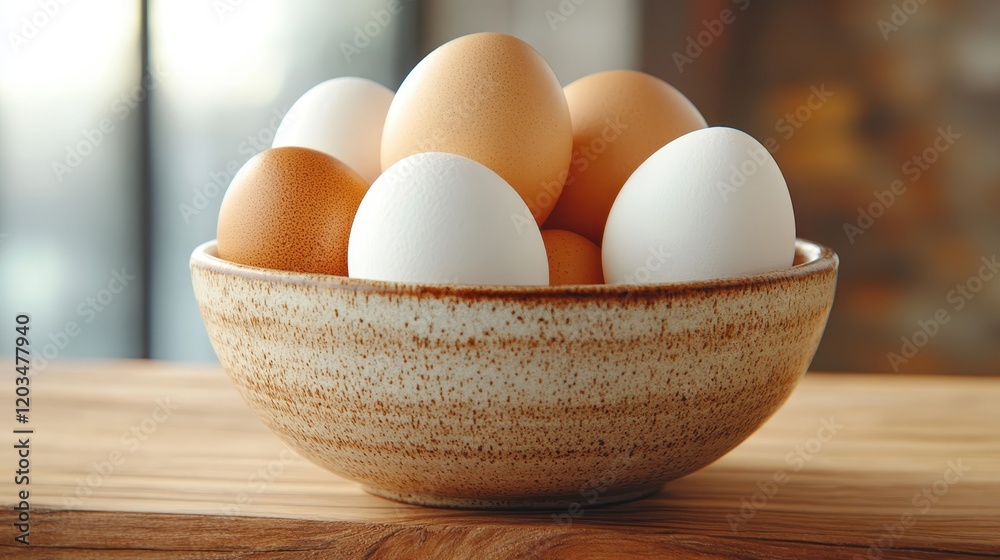 A beautifully arranged bowl of assorted eggs, both white and brown, resting on a wooden table, creating an aesthetic appeal suited for culinary art and rustic themes. A beautifully arranged bowl of assorted eggs, both white and brown, resting on a wooden table, creating an aesthetic appeal suited for culinary art and rustic themes.
