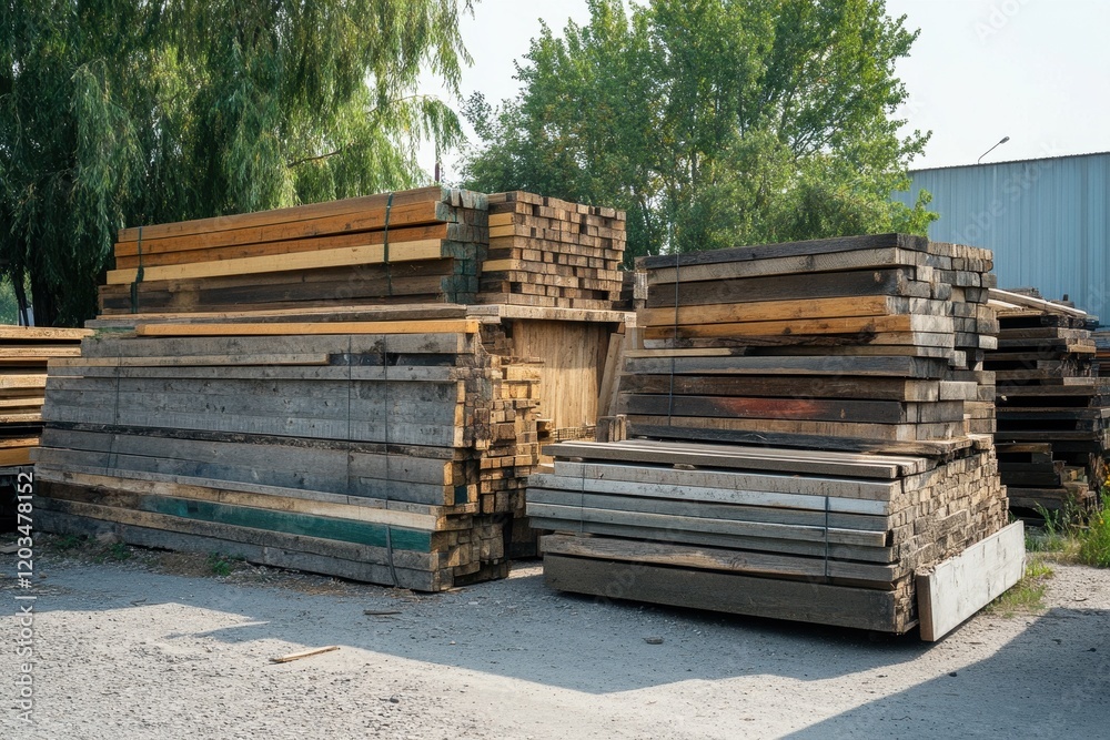 Wood planks stacked in a lumber yard, showcasing various lengths and widths, ideal for construction and building projects Wood planks stacked in a lumber yard, showcasing various lengths and widths, ideal for construction and building projects