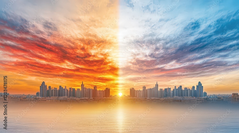 Fototapeta premium As the sun dipped below the horizon, the sky over Riyadh transformed into a breathtaking masterpiece of fiery reds, glowing oranges, and soft purples