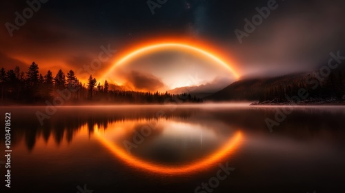 An enchanting lake scene with an orange crescent reflected on the water, surrounded by misty mountains, trees, and a mesmerizing, tranquil atmosphere.Harmony in nature reigns.