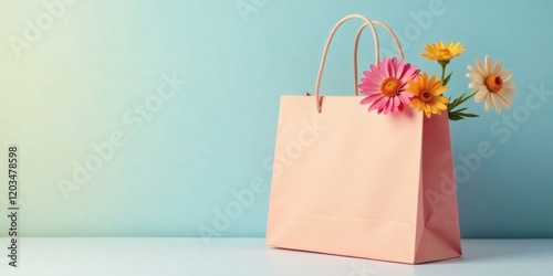 Pastel Pink Shopping Bag with Blooming Flowers on Light Blue Background
