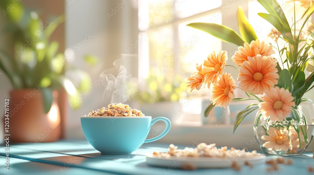 Whimsical breakfast table illustration with coffee cup and flowers Whimsical breakfast table illustration with coffee cup and flowers