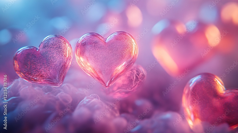 Fototapeta premium A glowing stream of floating jelly hearts gently drifting in a pastel mist