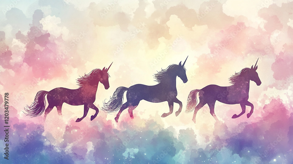 The image features three unicorns in silhouette, running against a background of watercolor clouds in pastel colors, creating a dreamy and magical atmosphere The image features three unicorns in silhouette, running against a background of watercolor clouds in pastel colors, creating a dreamy and magical atmosphere