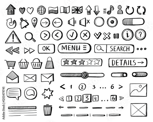 Wireframe buttons sketch. Hand drawn web app UI UX interface wireframed elements, website user interface mockup icons for web page application. Vector isolated set