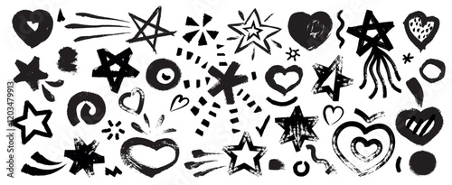 Doodle stars. Hearts graffiti, star abstract hand drawn, heart grunge sketch love elements, simple brush stroke cosmic and wedding icons brushy shapes. Vector isolated set