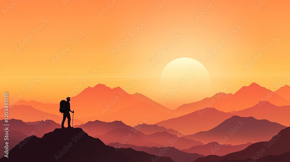 Backpacker on mountain summit at dawn, embodying adventure, freedom, personal discovery, breathtaking view, inspiring journey, solitude, exploration Backpacker on mountain summit at dawn, embodying adventure, freedom, personal discovery, breathtaking view, inspiring journey, solitude, exploration
