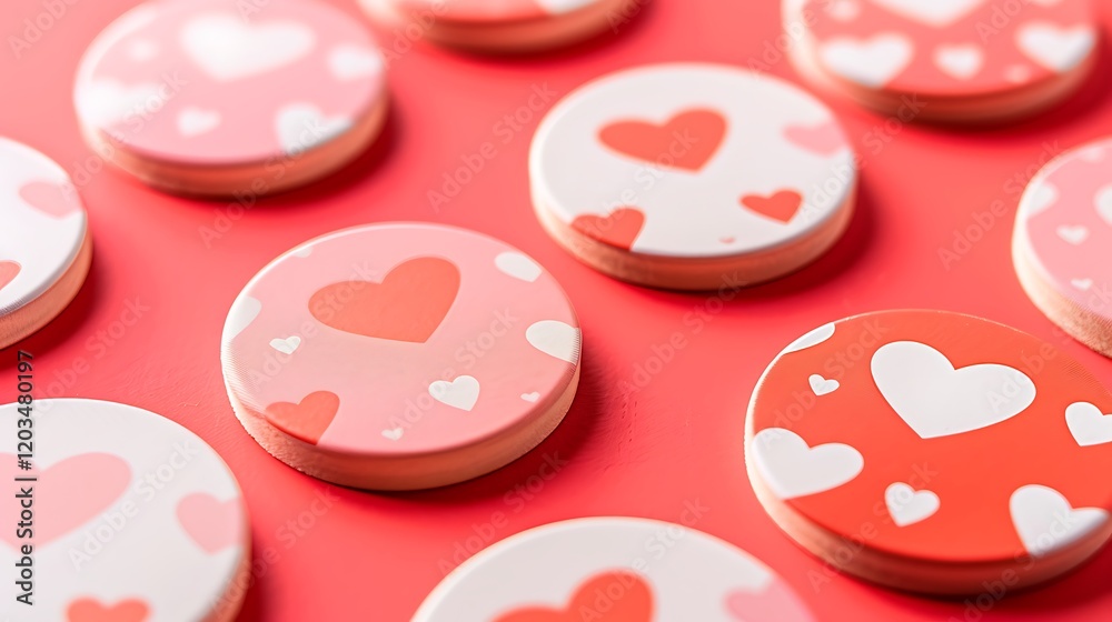 A set of love-themed coasters, isolated on a bright coral background.