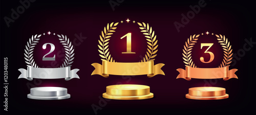 Laurel pedestal. Winner podium award ceremony with first gold, second silver and third bronze place and laurel wreath, best success achievement prize, sport trophy concept. Vector illustration