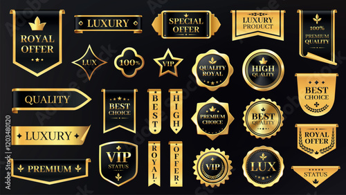 Premium golden label. Luxury quality badges and sale stickers for product packaging, exclusive shiny gold ribbon and stamp icons. Vector glossy certificate seal collection