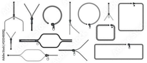 Zipper border. Tape with fastener teeth, open and closed clothing accessory, fashion design elements for pockets and bags. Vector set