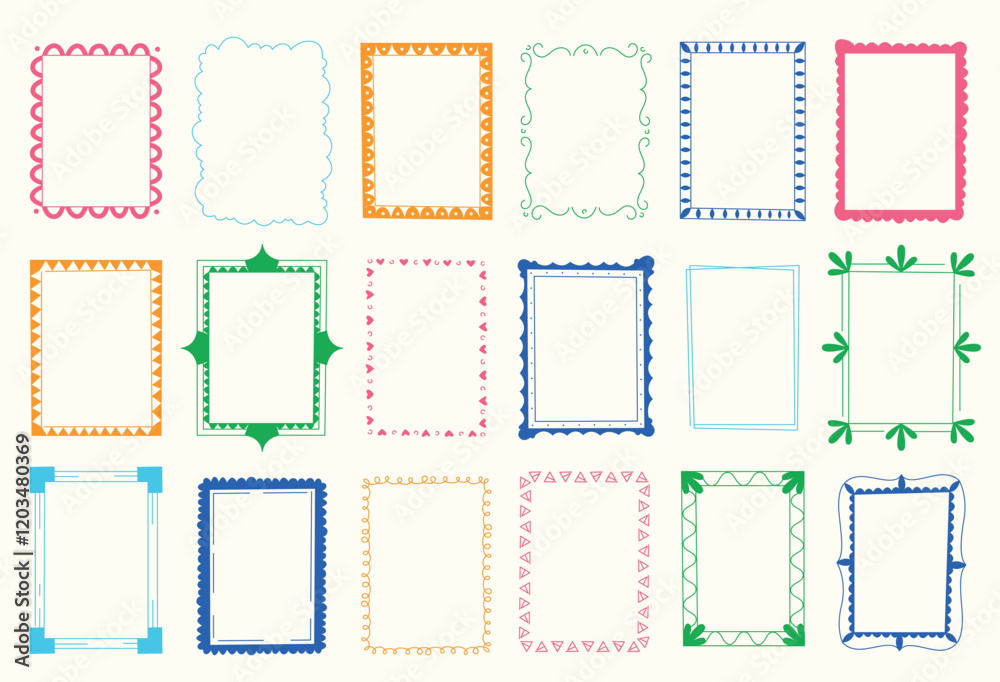 Cute kid doodle frames. Cartoon childish decorative photo picture frames, hand drawn square round oval rectangle shapes with lines. Vector isolated set