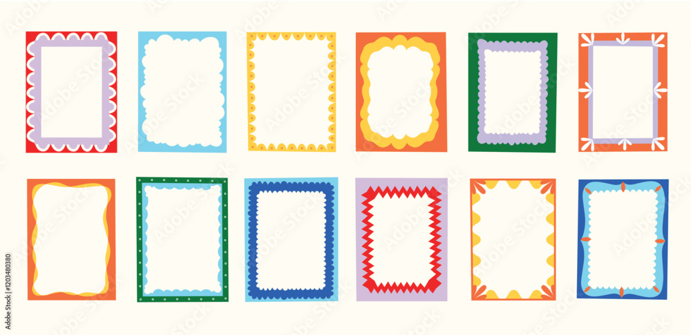 Doodle border frame. Decorative abstract wavy edge geometric shapes, cute funky bubble box text design elements. Vector isolated collection