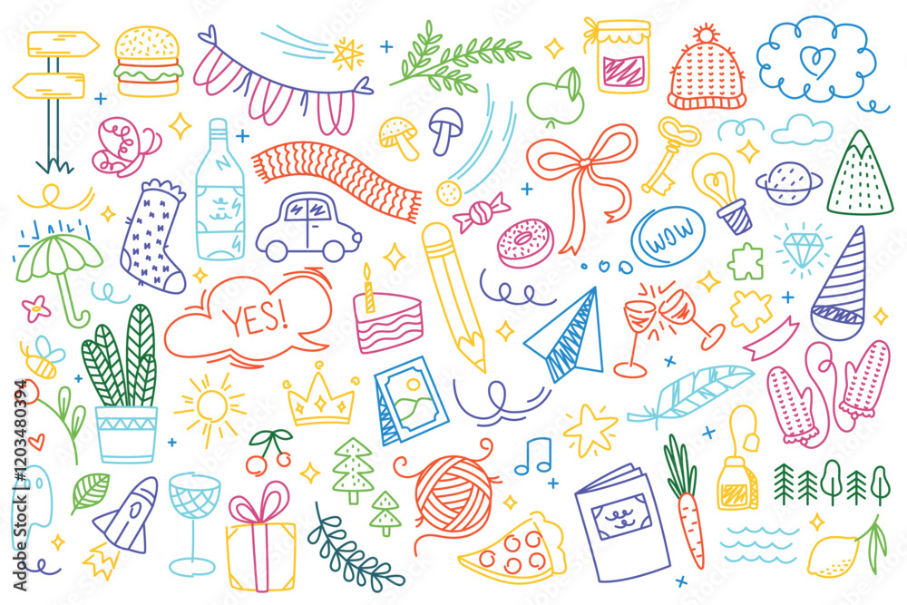 Cute kid scribble. Child doodle line elements, funny childish sketch icons for preschool design, baby hand drawn pencil elements. Vector isolated set Cute kid scribble. Child doodle line elements, funny childish sketch icons for preschool design, baby hand drawn pencil elements. Vector isolated set