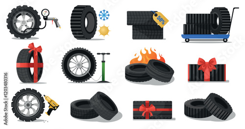 Car tires icons. Flat cartoon rubber wheels for vehicle, auto service and maintenance equipment, tire pressure and wheel disk isometric style. Vector isolated set