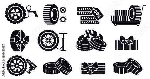 Car tires black icons. Wheel disk with rubber pressure gauge and mechanic tools, automobile tire repair service flat icons. Vector isolated set
