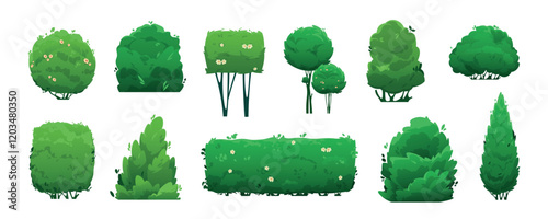 Shaped garden bushes. Cartoon green hedge shrub, ornamental park plant border, landscape decorative flora elements. Vector isolated set
