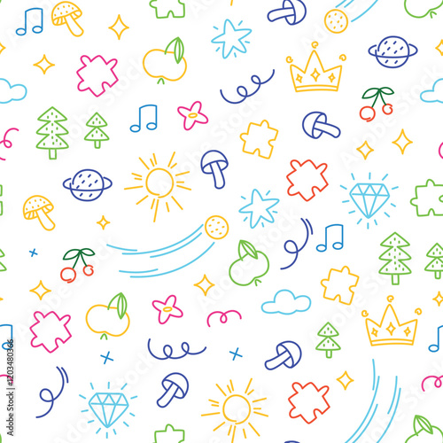 Kids scribble pattern. Seamless print of child hand drawn sketch elements, abstract minimal geometric doodle shapes. Vector texture