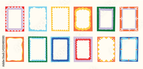 Doodle border frame. Decorative abstract wavy edge geometric shapes, cute funky bubble box text design elements. Vector isolated collection