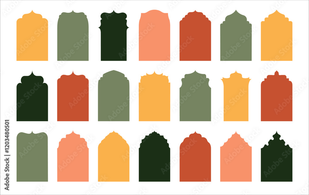 Islamic door silhouette. Oriental arabic mosque window frames, abstract islam arabian boho arch geometric shapes with arabesque decoration. Vector collection
