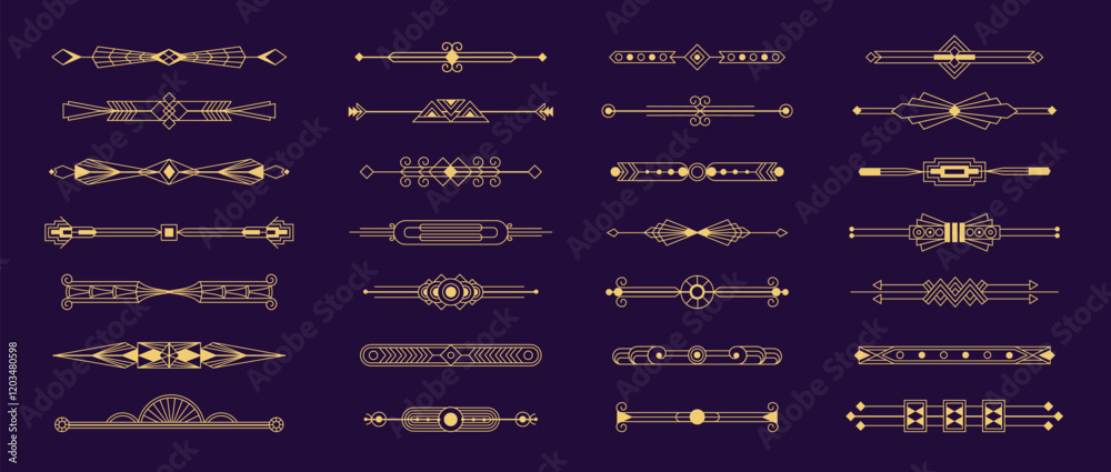 Art deco dividers. Elegant vintage decorative lines and borders, creative calligraphic elements with geometric shapes and modern typography. Vector set