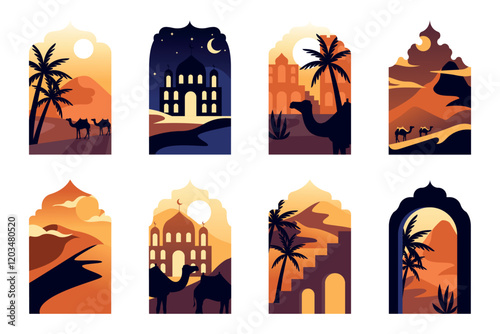Islamic frame landscape. Modern arabic background with Islam mosque dome and minaret, Islamist oriental architecture boho landscape. Vector illustration