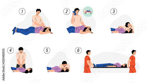 CPR aid. Medical cardiopulmonary resuscitation process, first help save life medics infographic, chest compression emergency medicine procedure. Vector illustration